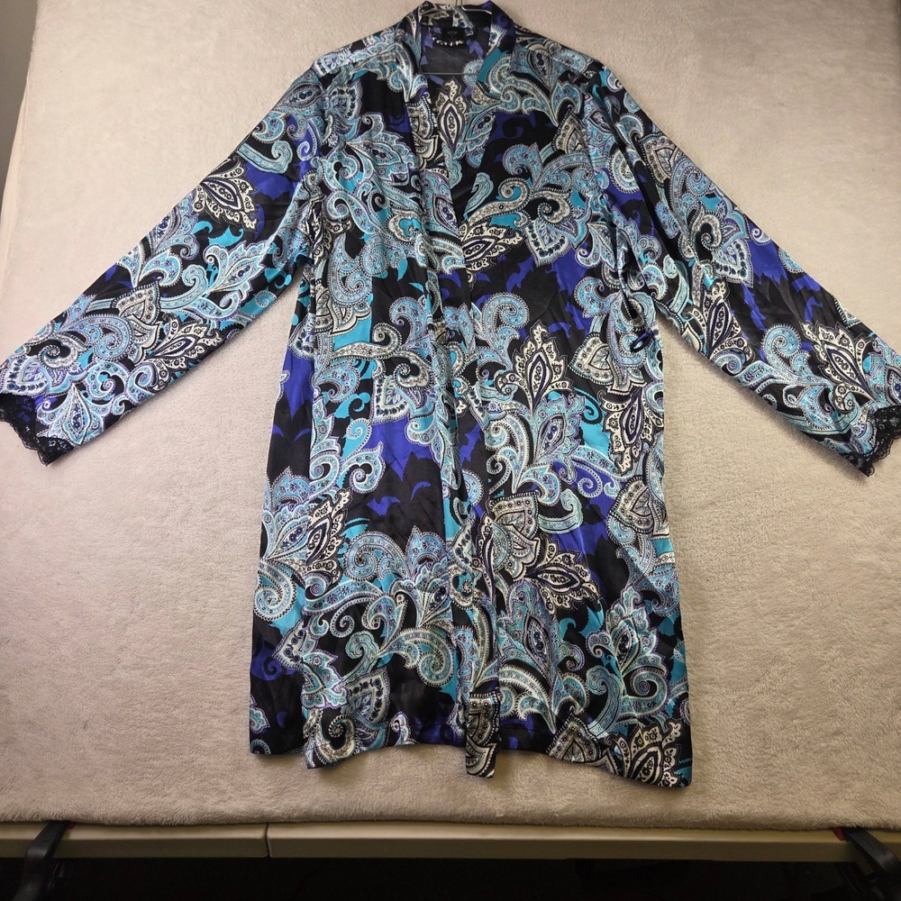 Blue Paisley Satin Open Front Robe with Lace Trim Cuffs 2362